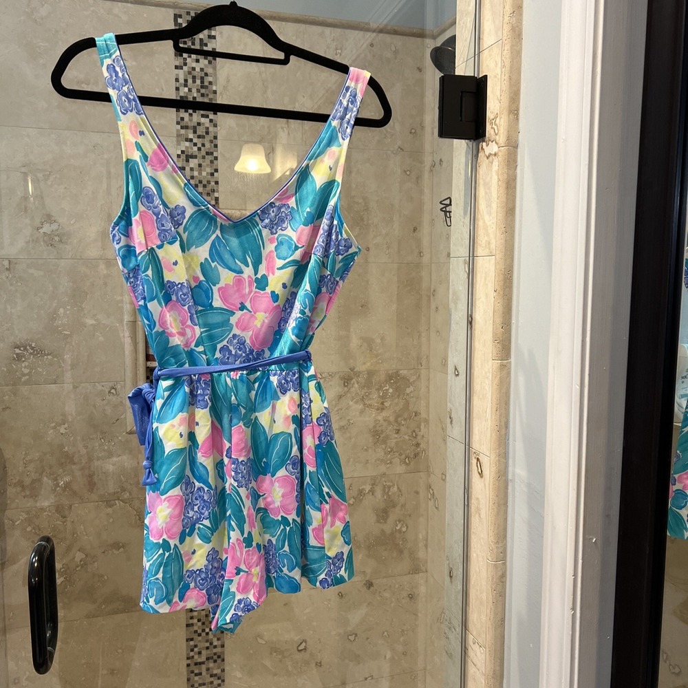 Vintage Retro Sea Waves Paisley Pink Green Blue Tie Waist Swim Dress Short 14 XL